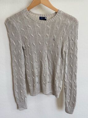 Polo Ralph Lauren Beige Silver Metallic Cable Knit Crewneck Sweater Sz Small EUC